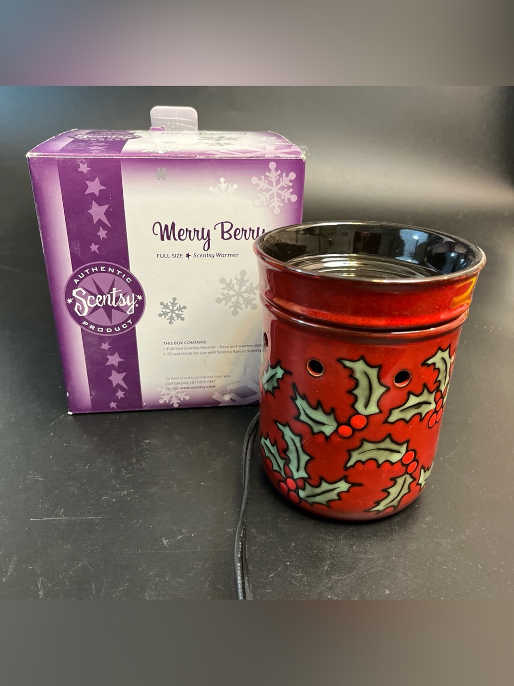Scentsy Merry Berry Holiday Red Ceramic Warmer with Holly Motif